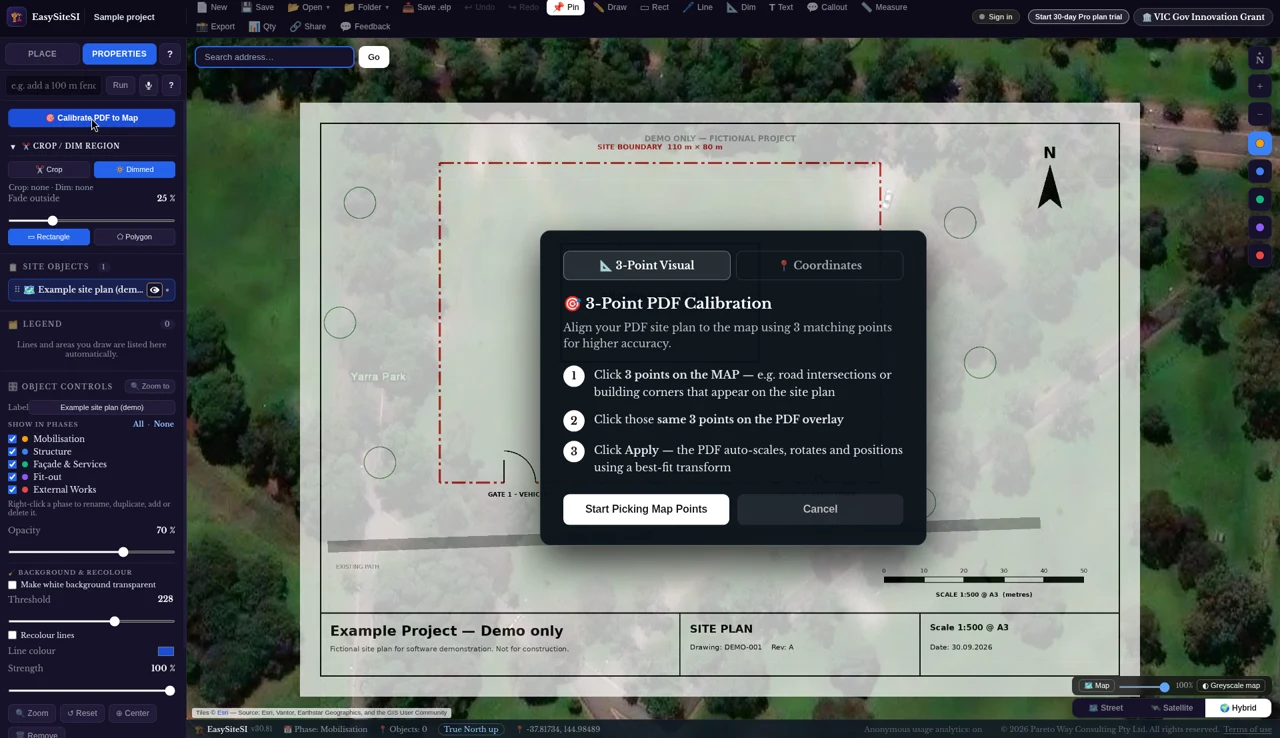 The EasySiteSI 3-point calibration window, aligning a site plan to the aerial map