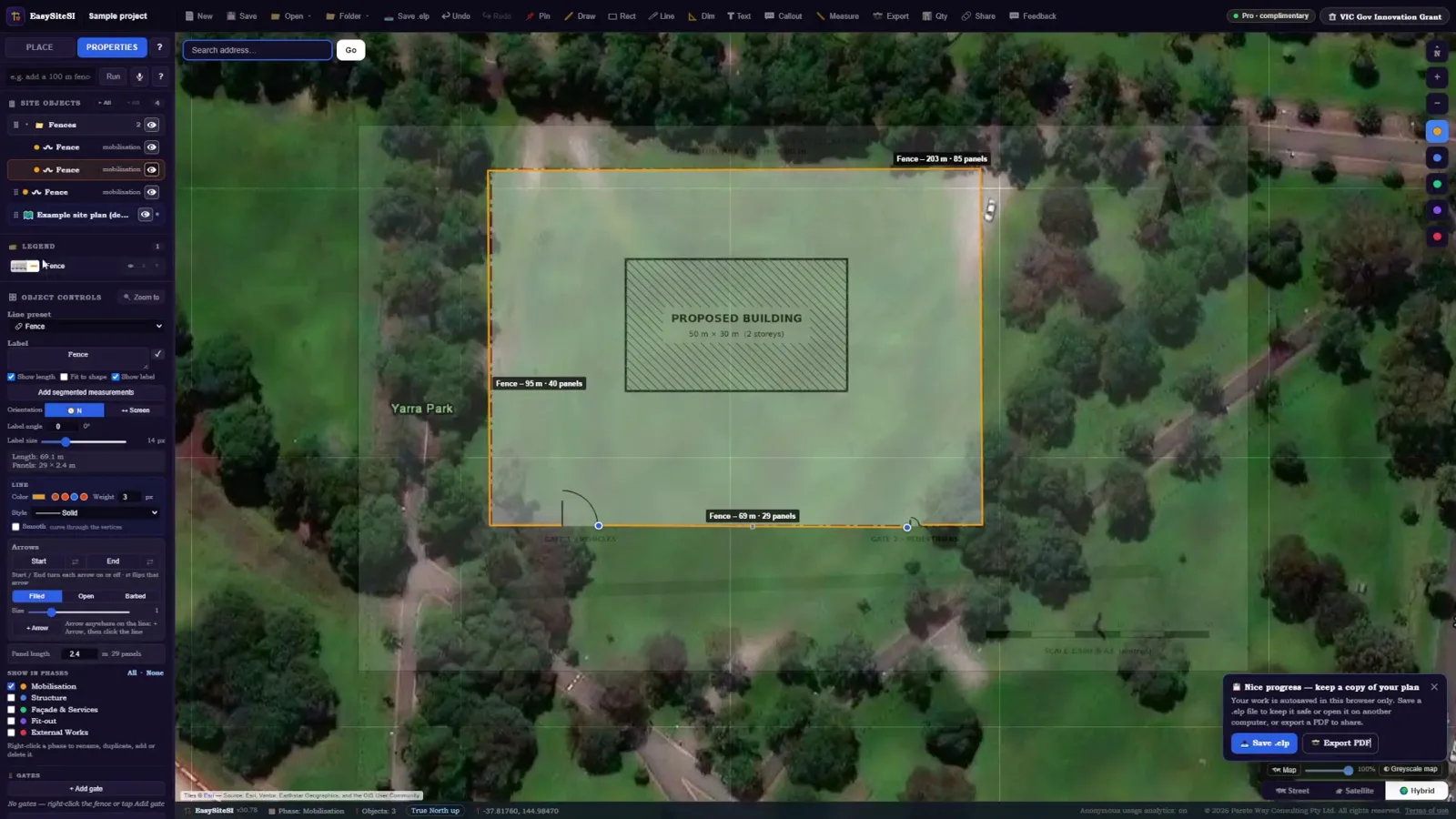 Site fencing drawn around the plan boundary in EasySiteSI