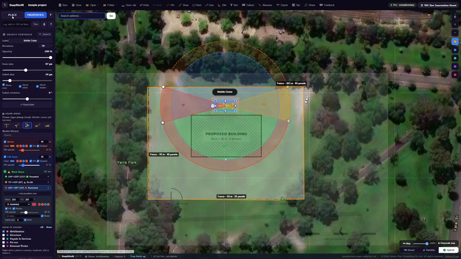 A crane placed on the site plan with its radius shown