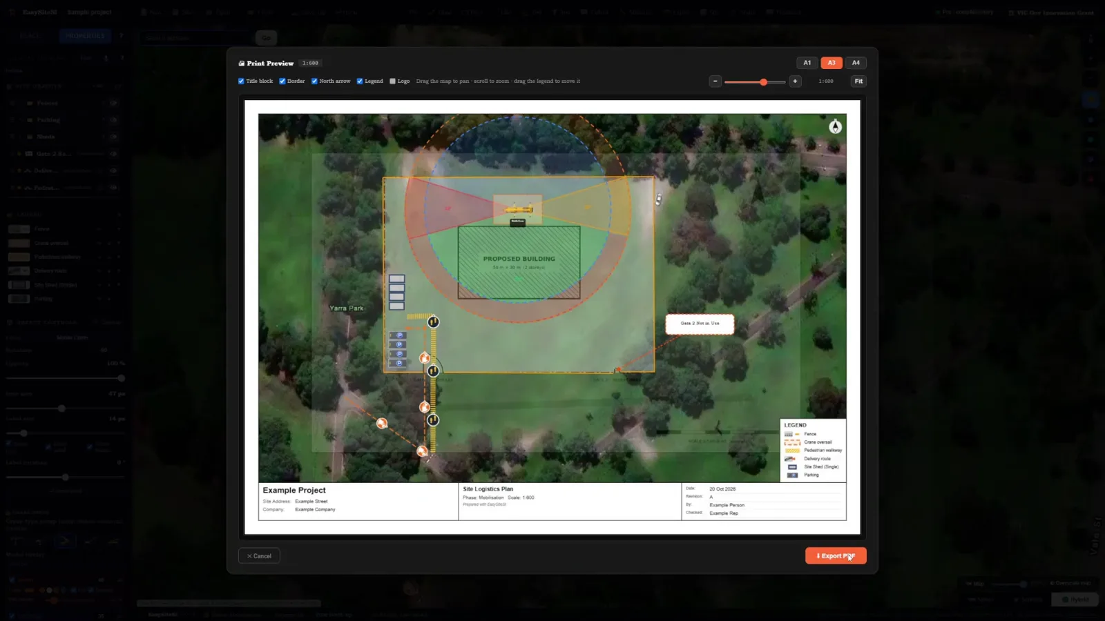 The export preview of a finished site logistics plan
